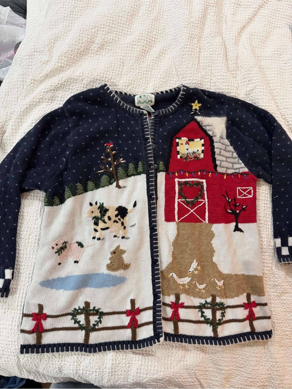 Vintage Quacker Factory Christmas Navy and Red Farm Scene Cardigan Sweater